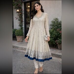 Designer Cream and Blue, Silver/gold embellished Indian Pakistani Anarkali kurta